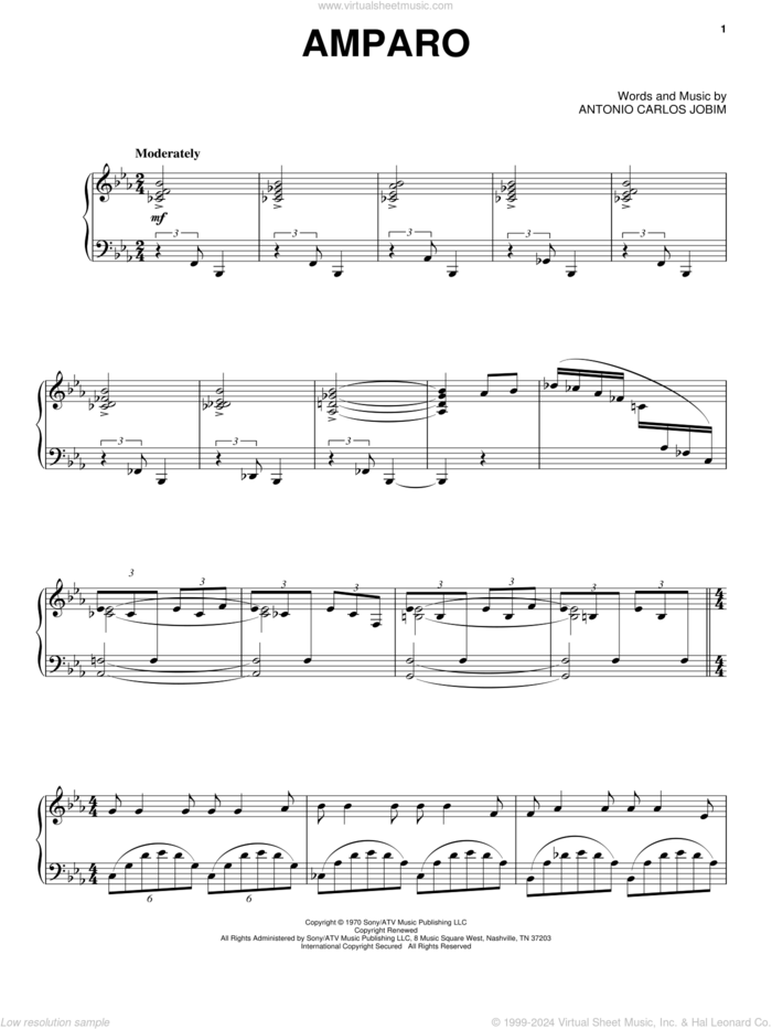Amparo sheet music for voice, piano or guitar by Antonio Carlos Jobim, intermediate skill level