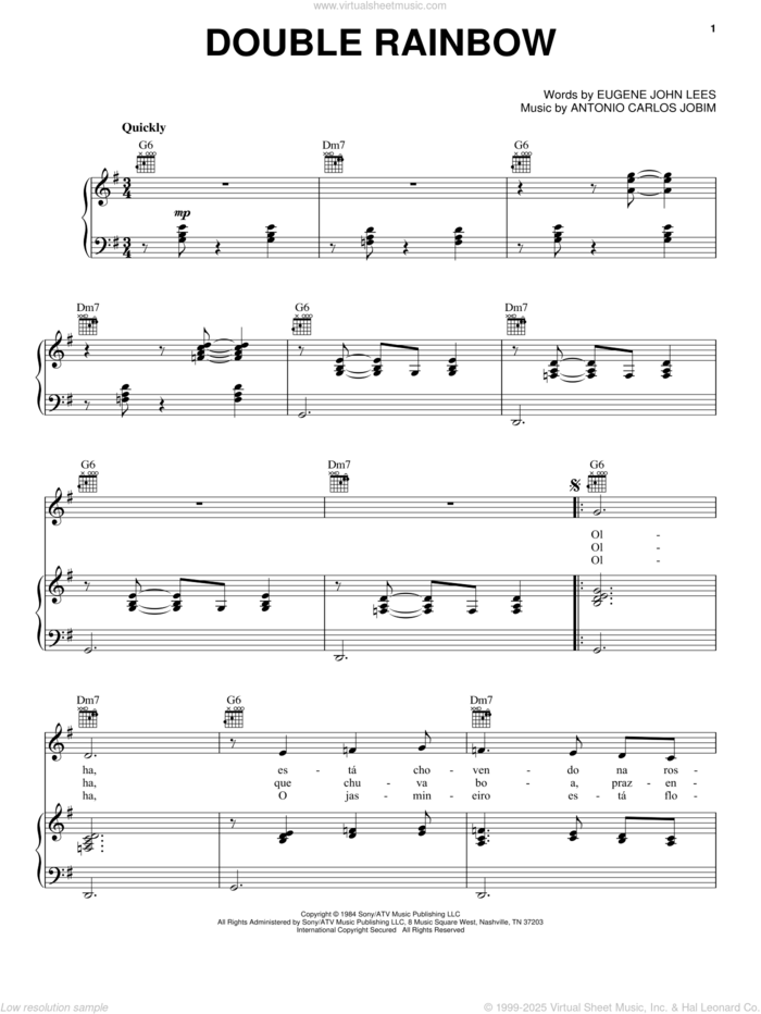 Double Rainbow sheet music for voice, piano or guitar by Antonio Carlos Jobim and Eugene John Lees, intermediate skill level