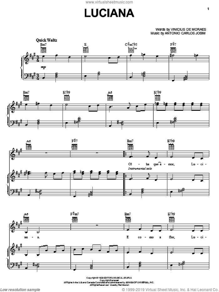 Luciana sheet music for voice, piano or guitar by Antonio Carlos Jobim and Vinicius de Moraes, intermediate skill level