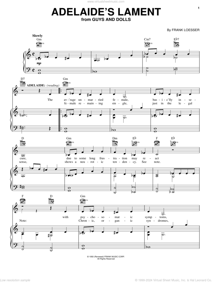 Adelaide's Lament (from Guys And Dolls) sheet music for voice, piano or guitar by Frank Loesser and Guys And Dolls (Musical), intermediate skill level