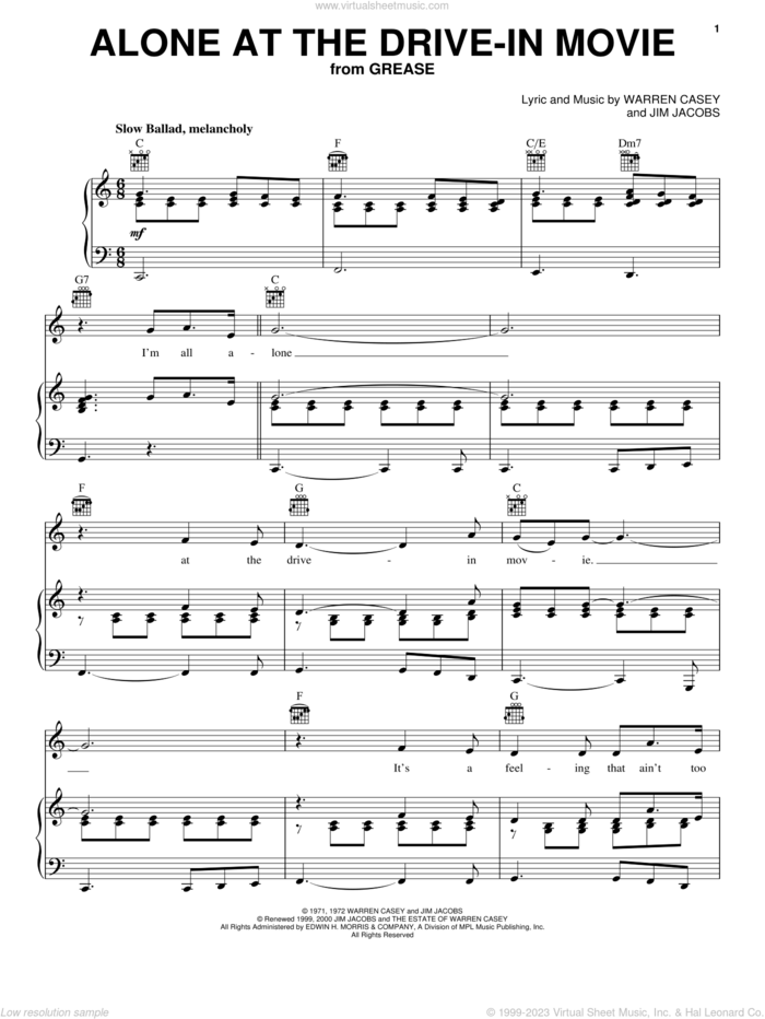 Alone At The Drive-In Movie (from Grease) sheet music for voice, piano or guitar by Jim Jacobs, Grease (Musical), James Getzoff, Warren Casey and Warren Casey & Jim Jacobs, intermediate skill level