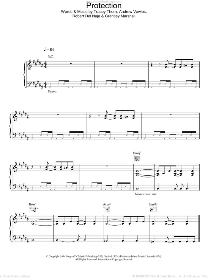 Protection sheet music for voice, piano or guitar by Massive Attack, intermediate skill level