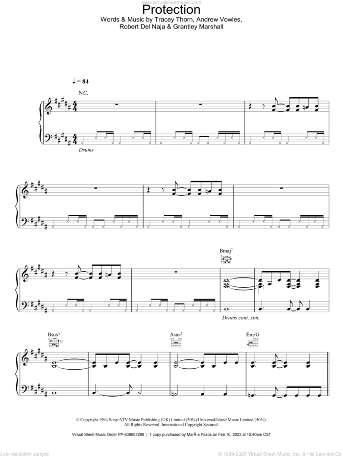 Protection sheet music for voice, piano or guitar by Massive Attack, intermediate skill level