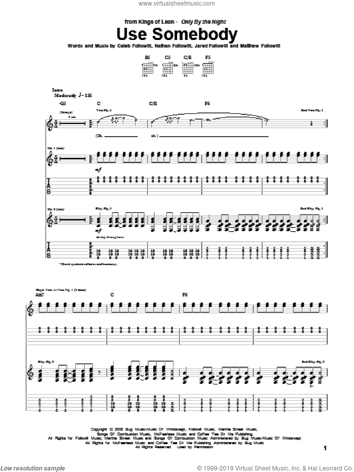 Use Somebody sheet music for guitar (tablature) by Kings Of Leon, Caleb Followill, Jared Followill, Matthew Followill and Nathan Followill, intermediate skill level