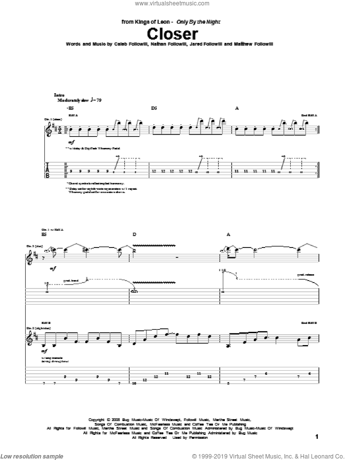 Closer sheet music for guitar (tablature) by Kings Of Leon, Caleb Followill, Jared Followill, Matthew Followill and Nathan Followill, intermediate skill level