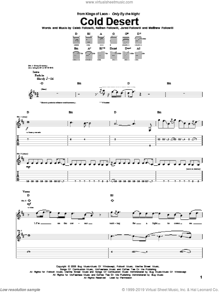 Cold Desert sheet music for guitar (tablature) by Kings Of Leon, Caleb Followill, Jared Followill, Matthew Followill and Nathan Followill, intermediate skill level