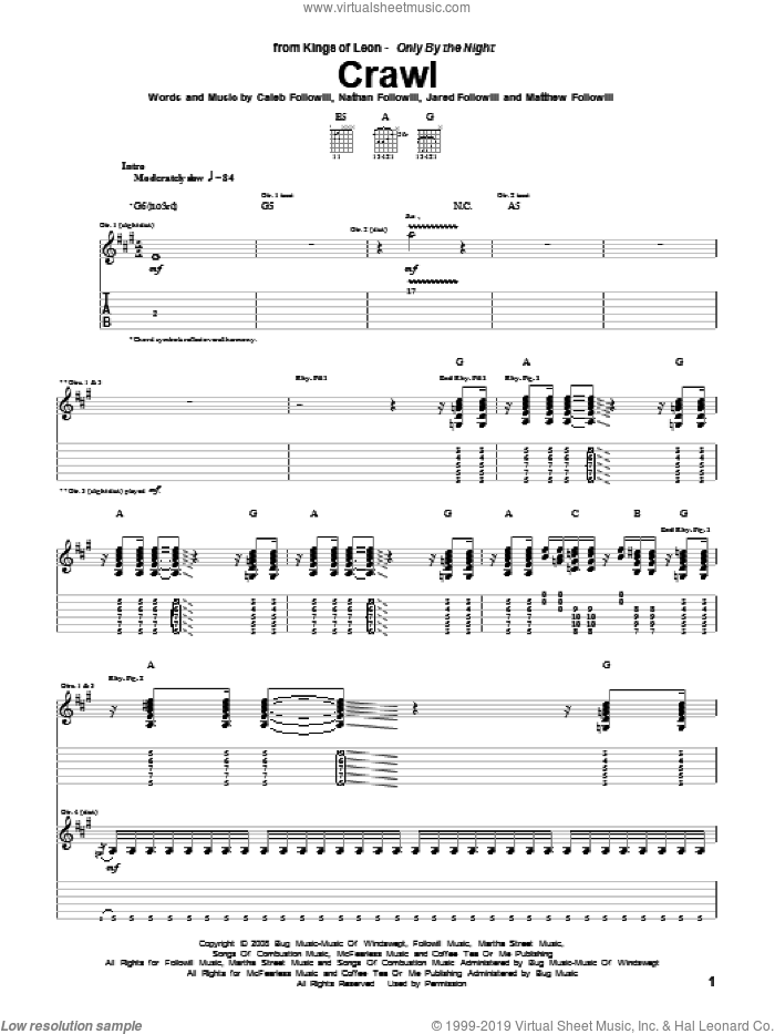Crawl sheet music for guitar (tablature) by Kings Of Leon, Caleb Followill, Jared Followill, Matthew Followill and Nathan Followill, intermediate skill level
