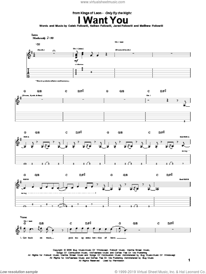 I Want You sheet music for guitar (tablature) by Kings Of Leon, Caleb Followill, Jared Followill, Matthew Followill and Nathan Followill, intermediate skill level