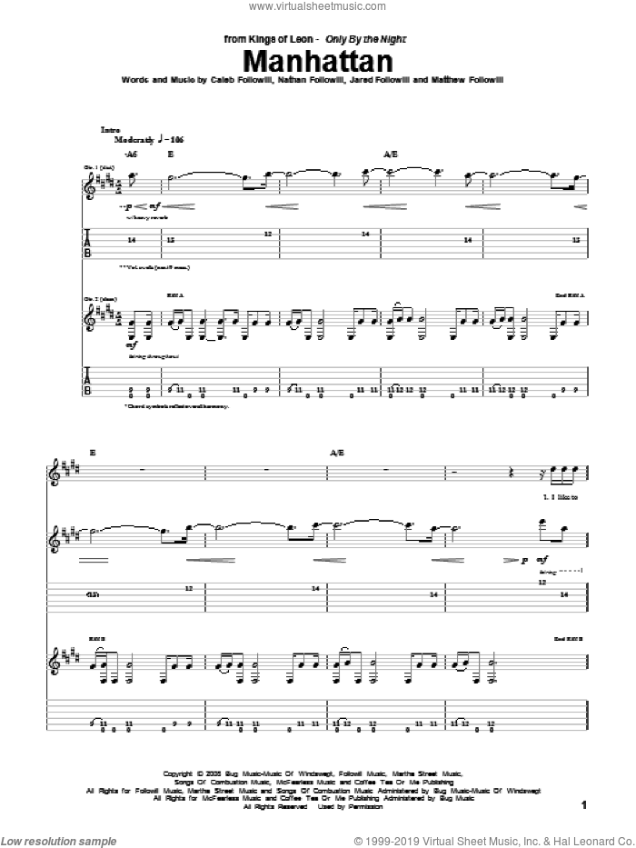 Manhattan sheet music for guitar (tablature) by Kings Of Leon, Caleb Followill, Jared Followill, Matthew Followill and Nathan Followill, intermediate skill level