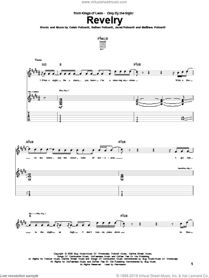 Revelry sheet music for guitar (tablature) by Kings Of Leon, Caleb Followill, Jared Followill, Matthew Followill and Nathan Followill, intermediate skill level