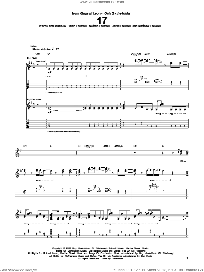 17 sheet music for guitar (tablature) by Kings Of Leon, Caleb Followill, Jared Followill, Matthew Followill and Nathan Followill, intermediate skill level