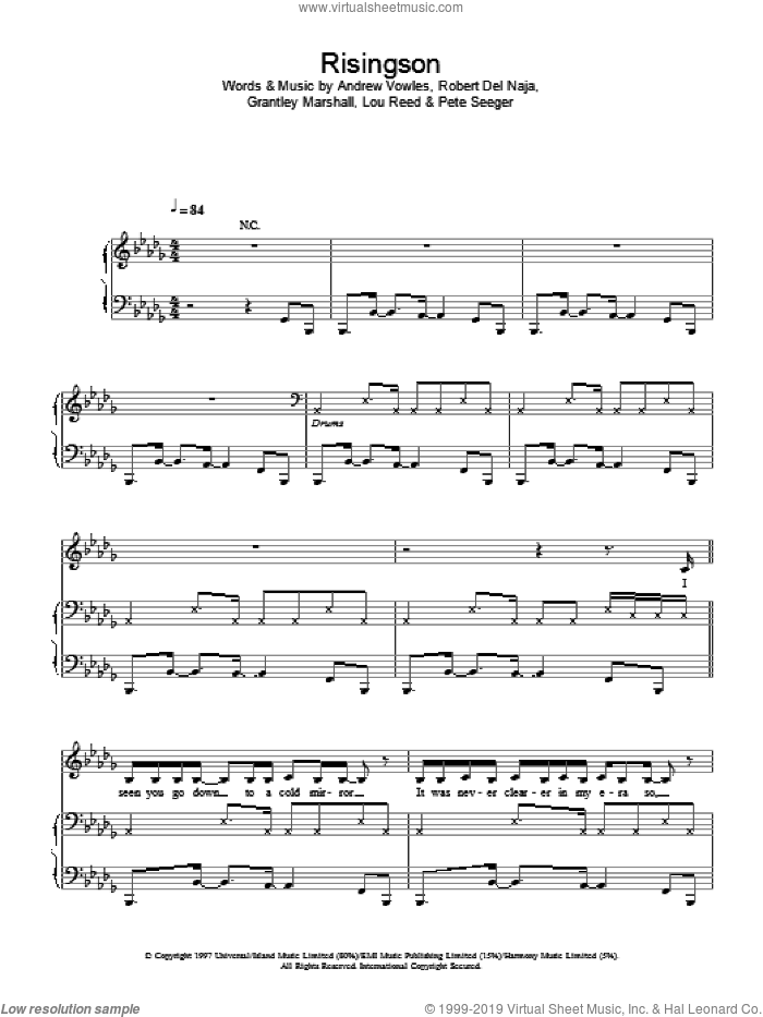 Risingson sheet music for voice, piano or guitar by Massive Attack, intermediate skill level