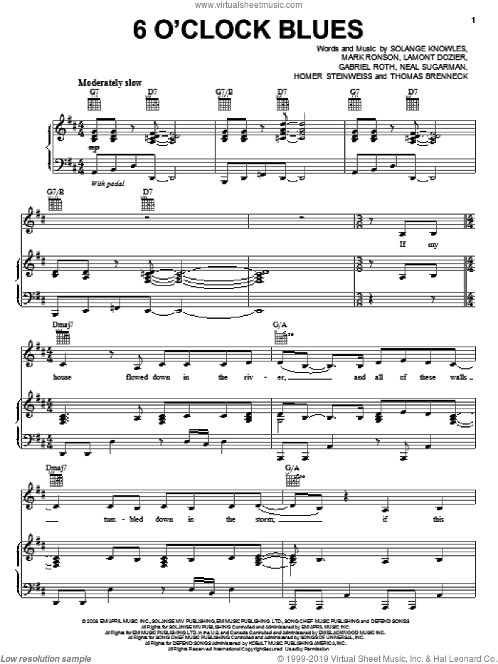 6 O'Clock Blues sheet music for voice, piano or guitar by Solange, Cadillac Records (Movie), Gabriel Roth, Homer Steinweiss, Lamont Dozier, Mark Ronson, Neal Sugarman, Solange Knowles and Thomas Brenneck, intermediate skill level