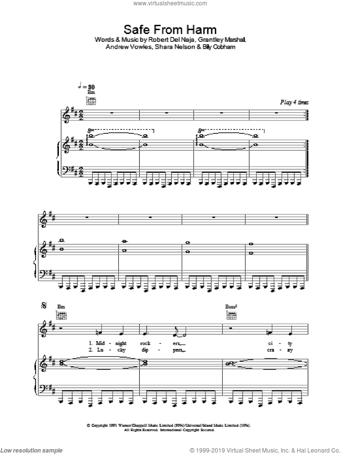 Safe From Harm sheet music for voice, piano or guitar by Massive Attack, intermediate skill level