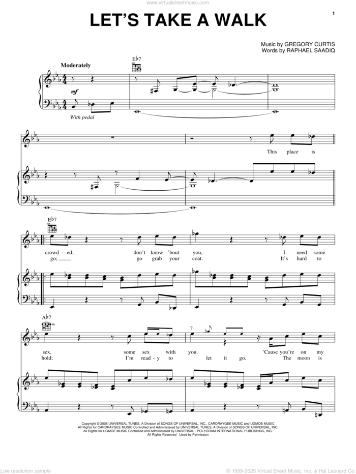 Let's Take A Walk sheet music for voice, piano or guitar by Raphael Saadiq and Gregory Curtis, intermediate skill level