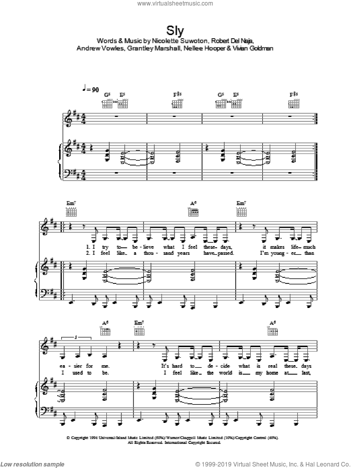 Sly sheet music for voice, piano or guitar by Massive Attack, intermediate skill level