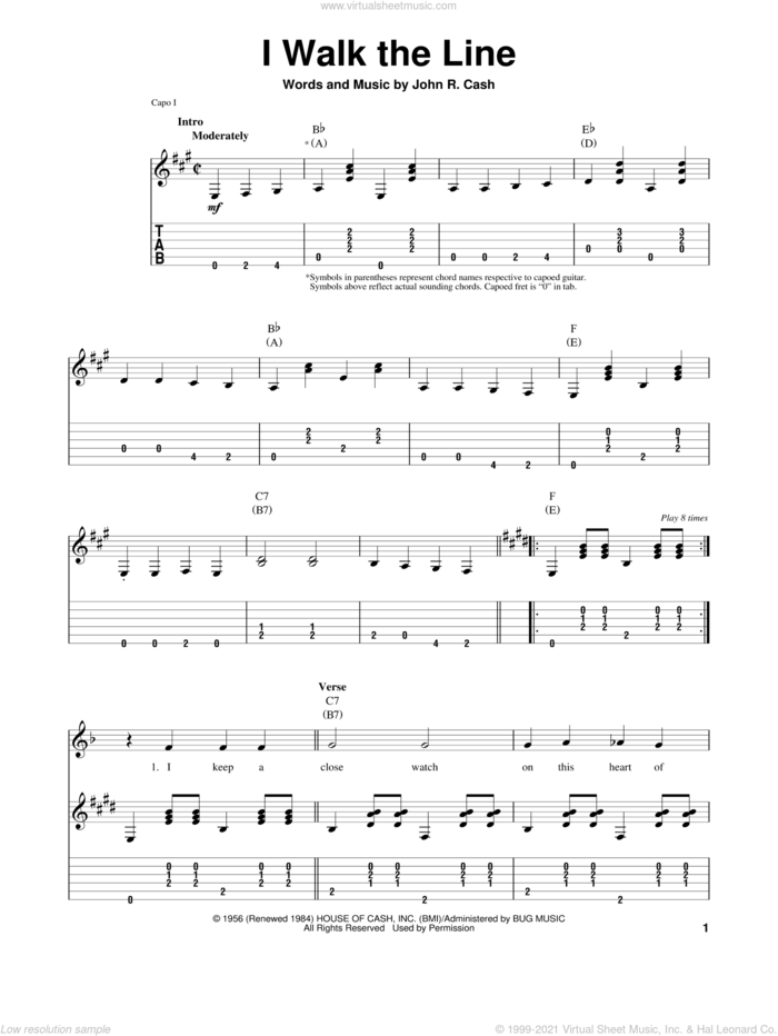 I Walk The Line sheet music for guitar (tablature, play-along) by Johnny Cash, intermediate skill level