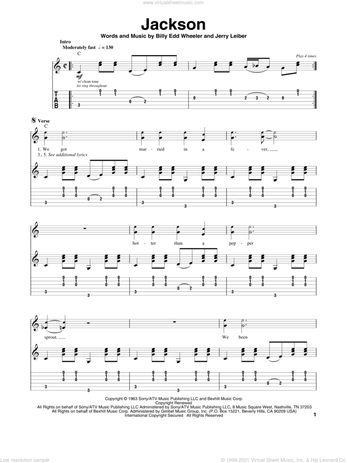 Jackson sheet music for guitar (tablature, play-along) by Johnny Cash & June Carter, Johnny Cash, June Carter, Billy Edd Wheeler and Jerry Leiber, intermediate skill level