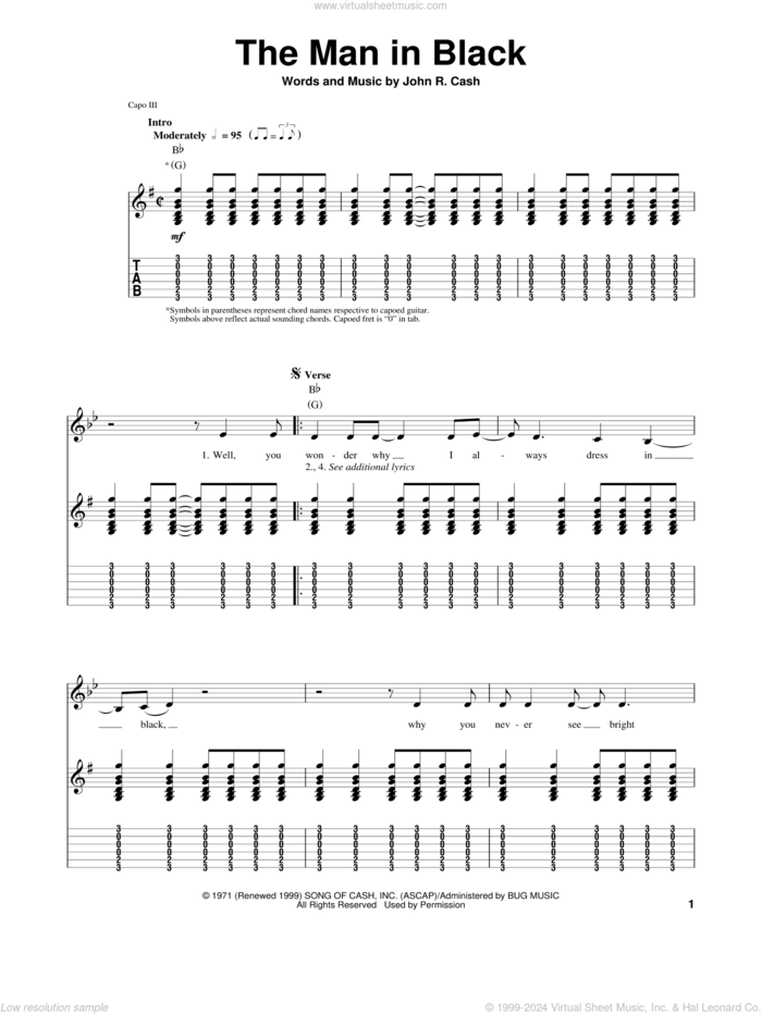 The Man In Black sheet music for guitar (tablature, play-along) by Johnny Cash, intermediate skill level