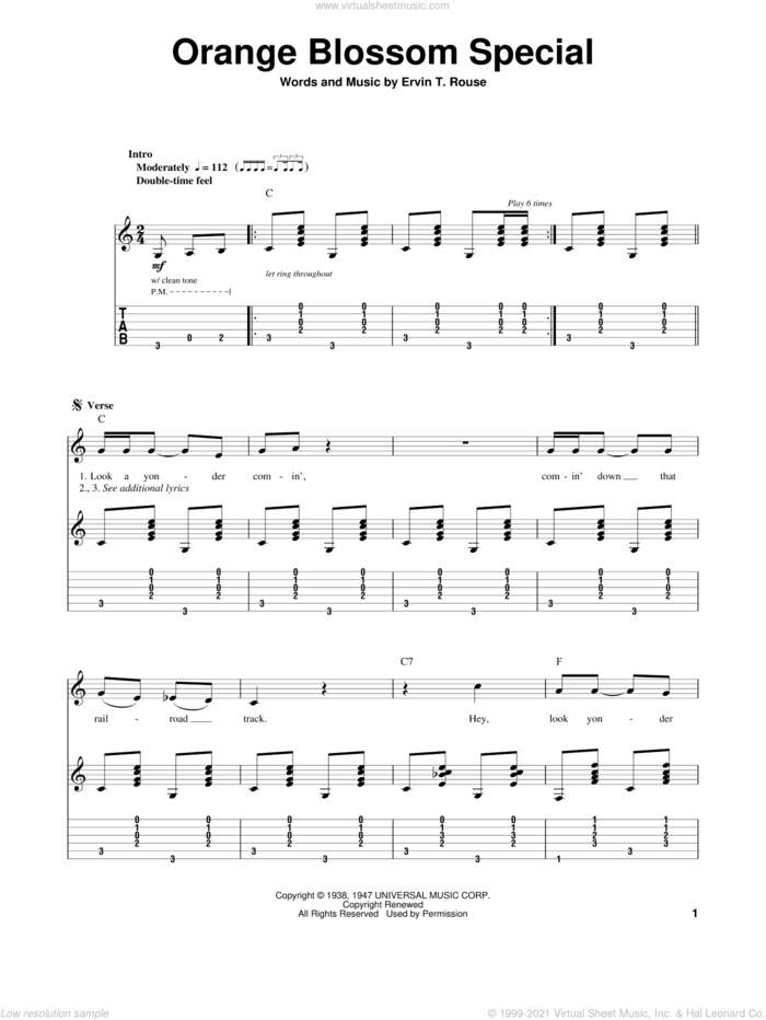 Orange Blossom Special sheet music for guitar (tablature, play-along) by Johnny Cash and Ervin T. Rouse, intermediate skill level