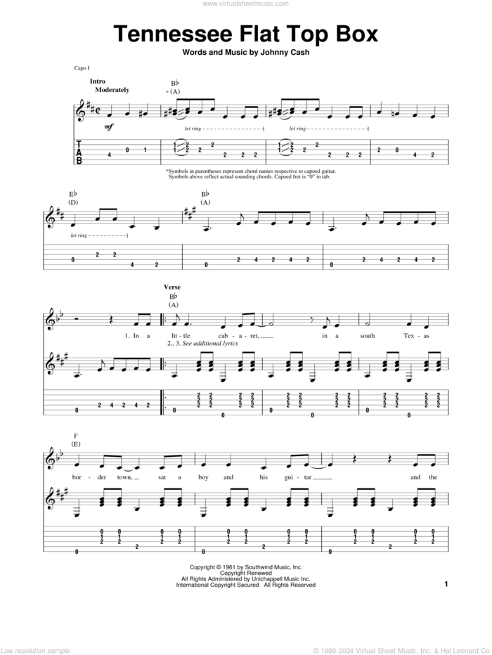 Tennessee Flat Top Box sheet music for guitar (tablature, play-along) by Johnny Cash, intermediate skill level