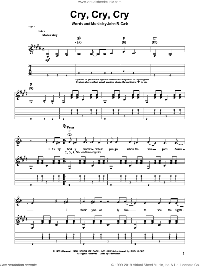Cry, Cry, Cry sheet music for guitar (tablature, play-along) by Johnny Cash, intermediate skill level