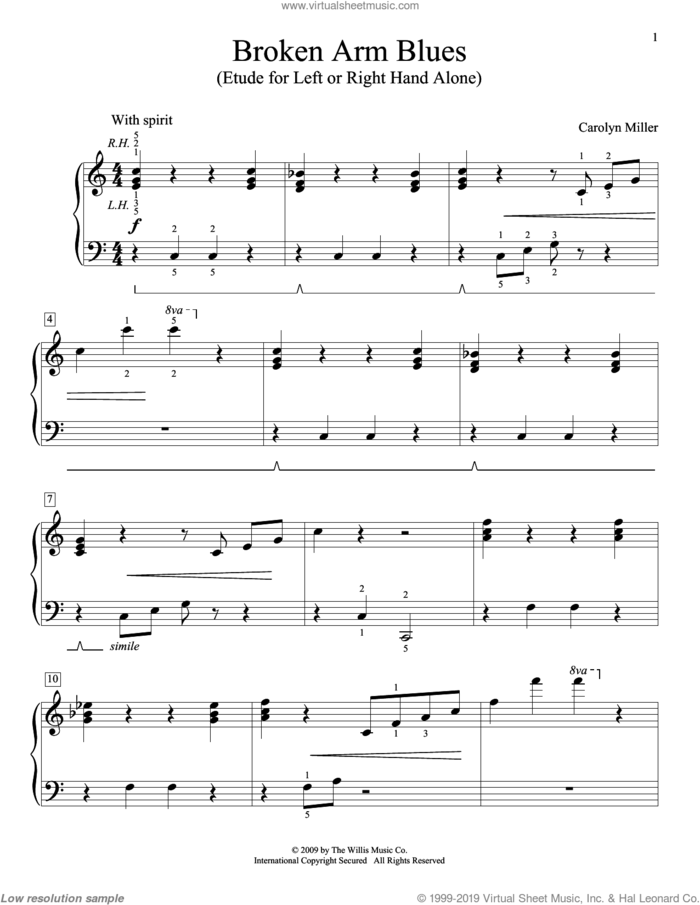 Broken Arm Blues sheet music for piano solo (elementary) by Carolyn Miller, beginner piano (elementary)