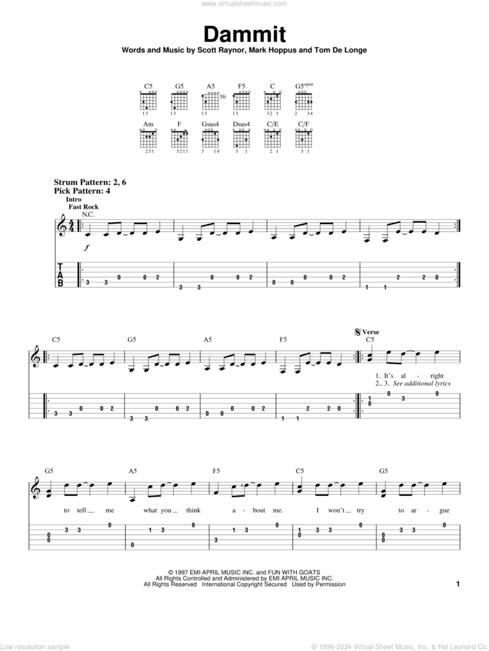 Dammit sheet music for guitar solo (easy tablature) by Blink-182, Mark Hoppus, Scott Raynor and Tom DeLonge, easy guitar (easy tablature)