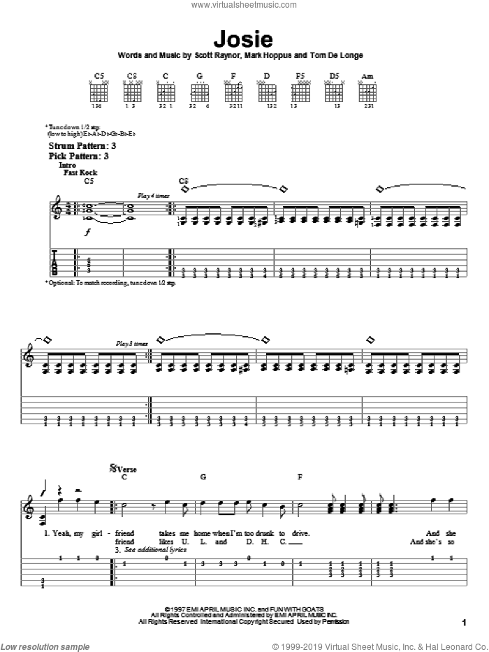 Josie sheet music for guitar solo (easy tablature) by Blink-182, Mark Hoppus, Scott Raynor and Tom DeLonge, easy guitar (easy tablature)