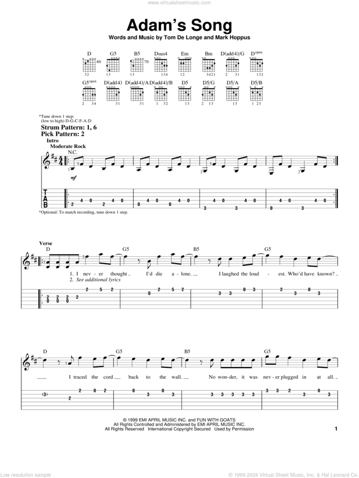 Adam's Song sheet music for guitar solo (easy tablature) by Blink-182, Mark Hoppus and Tom DeLonge, easy guitar (easy tablature)