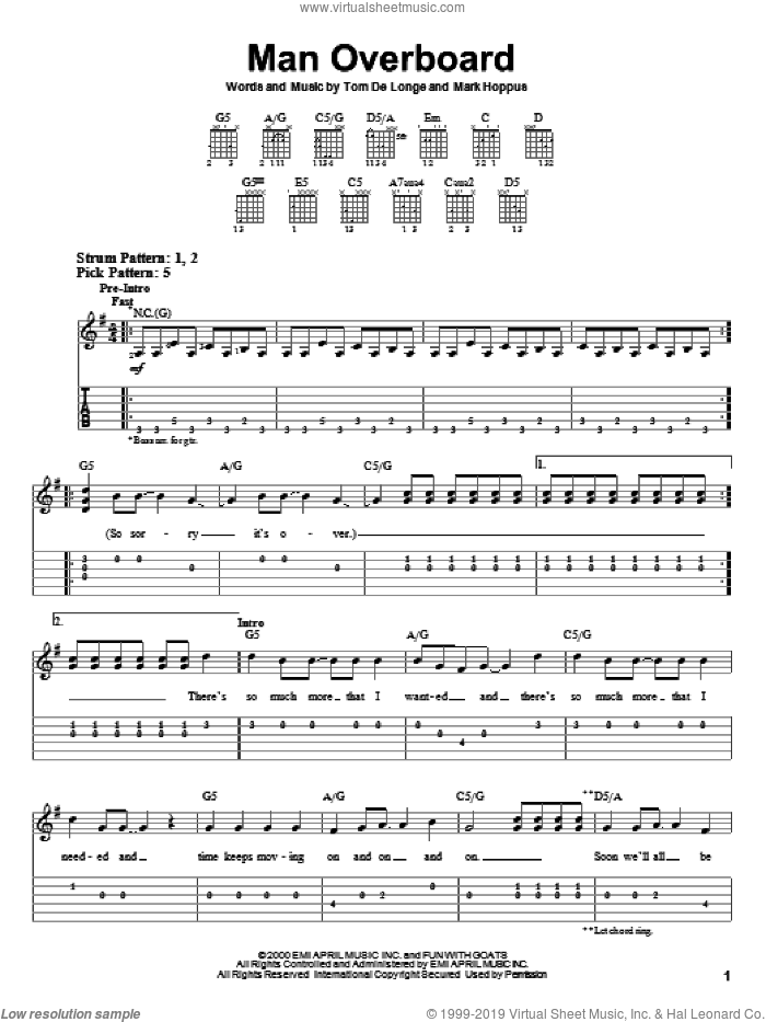 Man Overboard sheet music for guitar solo (easy tablature) by Blink-182, Mark Hoppus and Tom DeLonge, easy guitar (easy tablature)