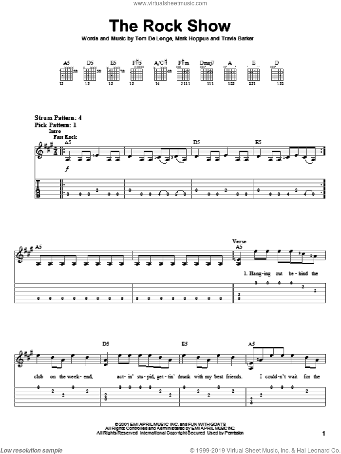 The Rock Show sheet music for guitar solo (easy tablature) by Blink-182, Mark Hoppus, Tom DeLonge and Travis Barker, easy guitar (easy tablature)