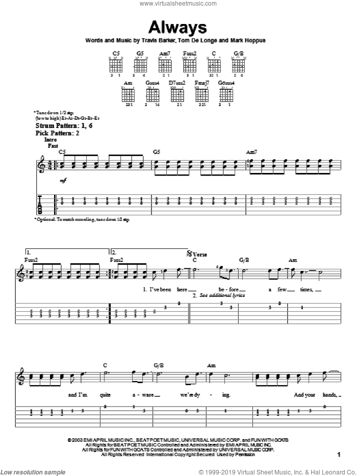 Always sheet music for guitar solo (easy tablature) by Blink-182, Mark Hoppus, Tom DeLonge and Travis Barker, easy guitar (easy tablature)