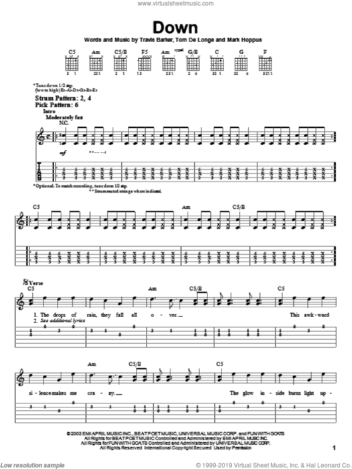 Down sheet music for guitar solo (easy tablature) by Blink-182, Mark Hoppus, Tom DeLonge and Travis Barker, easy guitar (easy tablature)