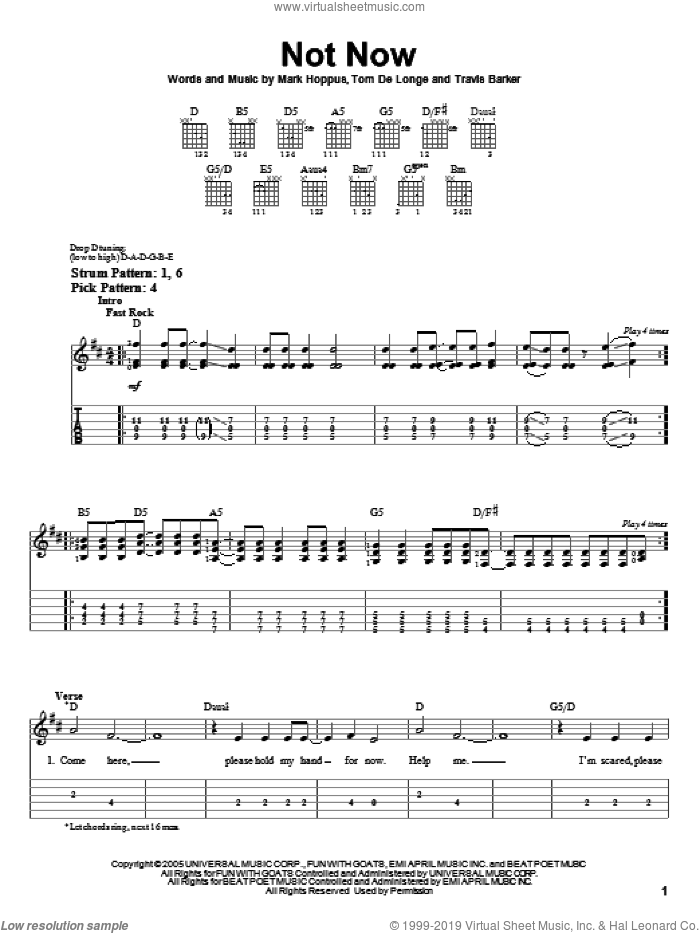 Not Now sheet music for guitar solo (easy tablature) by Blink-182, Mark Hoppus, Tom DeLonge and Travis Barker, easy guitar (easy tablature)