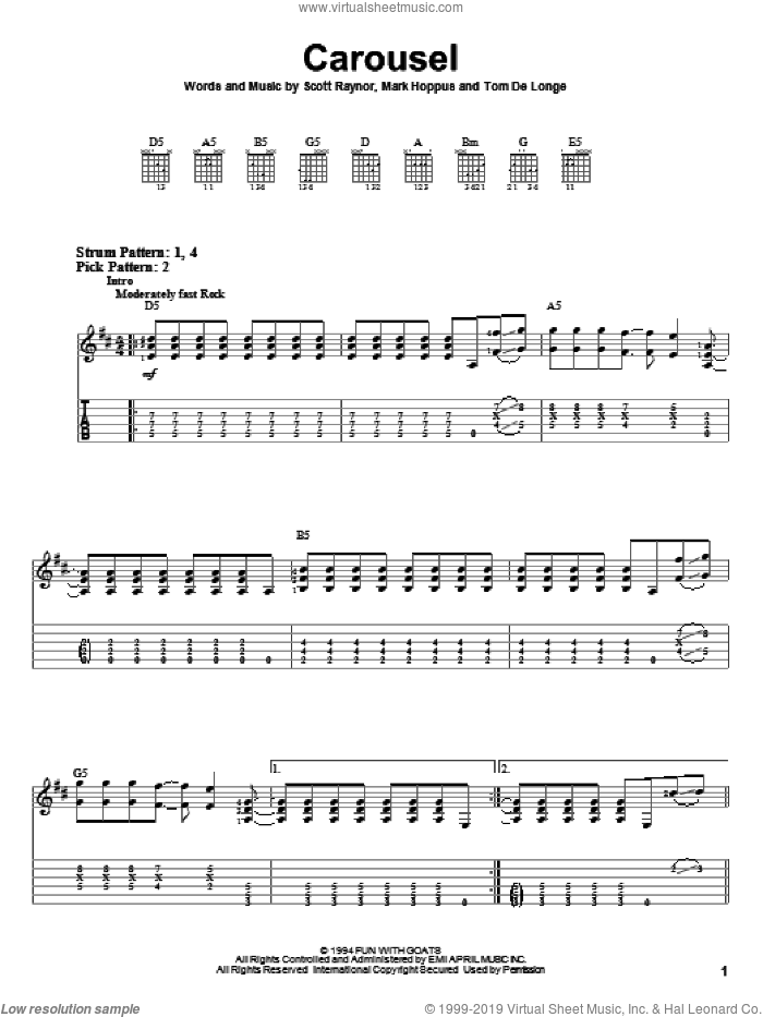 Carousel sheet music for guitar solo (easy tablature) by Blink-182, Mark Hoppus, Scott Raynor and Tom DeLonge, easy guitar (easy tablature)