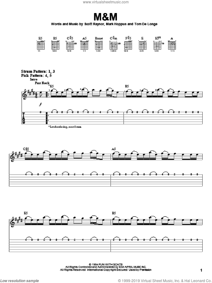 M&M sheet music for guitar solo (easy tablature) by Blink-182, Mark Hoppus, Scott Raynor and Tom DeLonge, easy guitar (easy tablature)