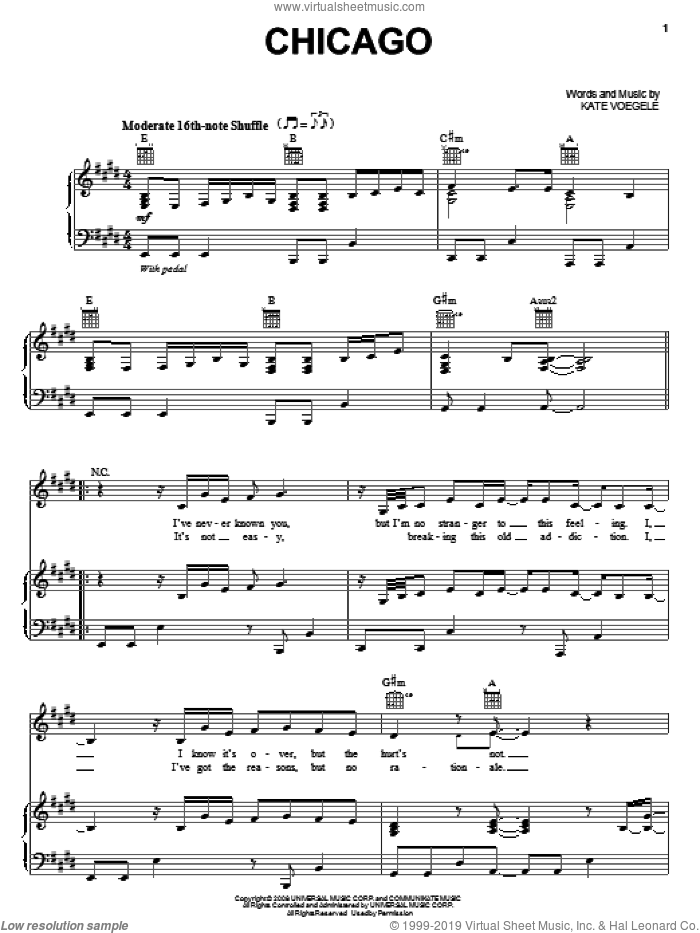 Chicago sheet music for voice, piano or guitar by Kate Voegele, intermediate skill level