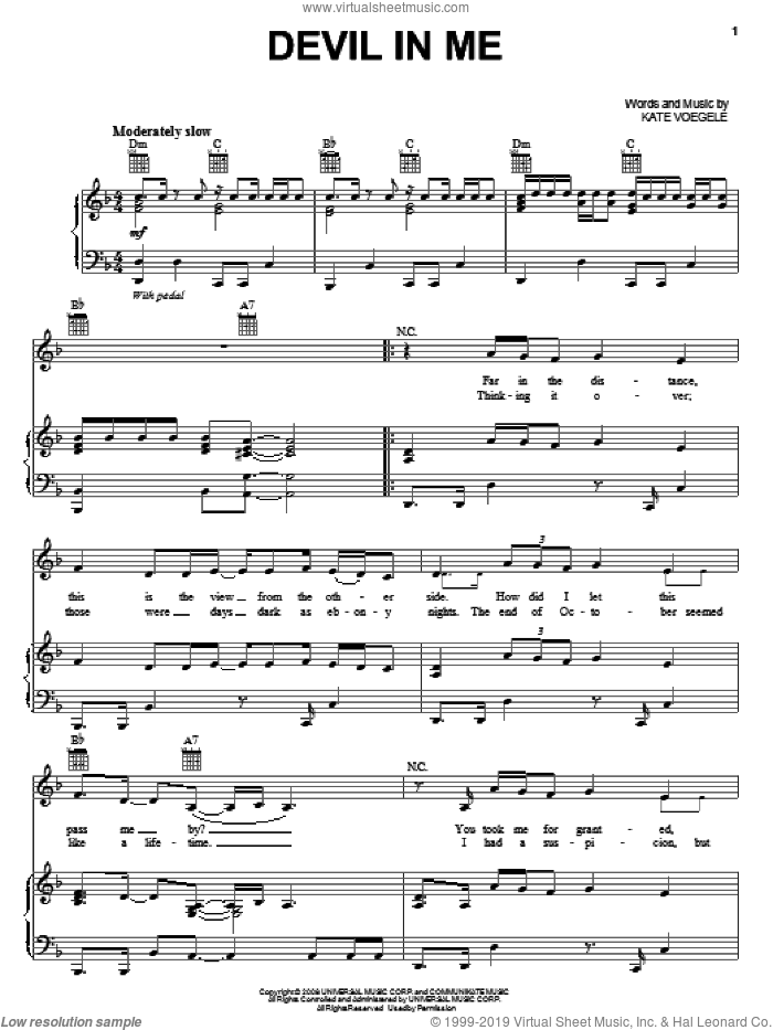 Devil In Me sheet music for voice, piano or guitar by Kate Voegele, intermediate skill level