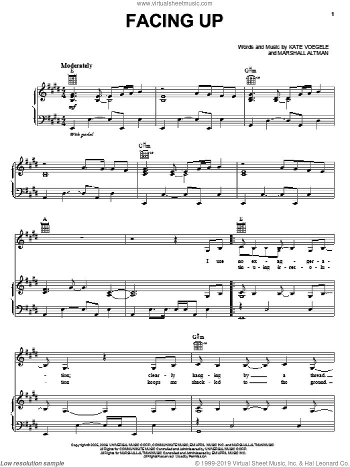 Facing Up sheet music for voice, piano or guitar by Kate Voegele and Marshall Altman, intermediate skill level