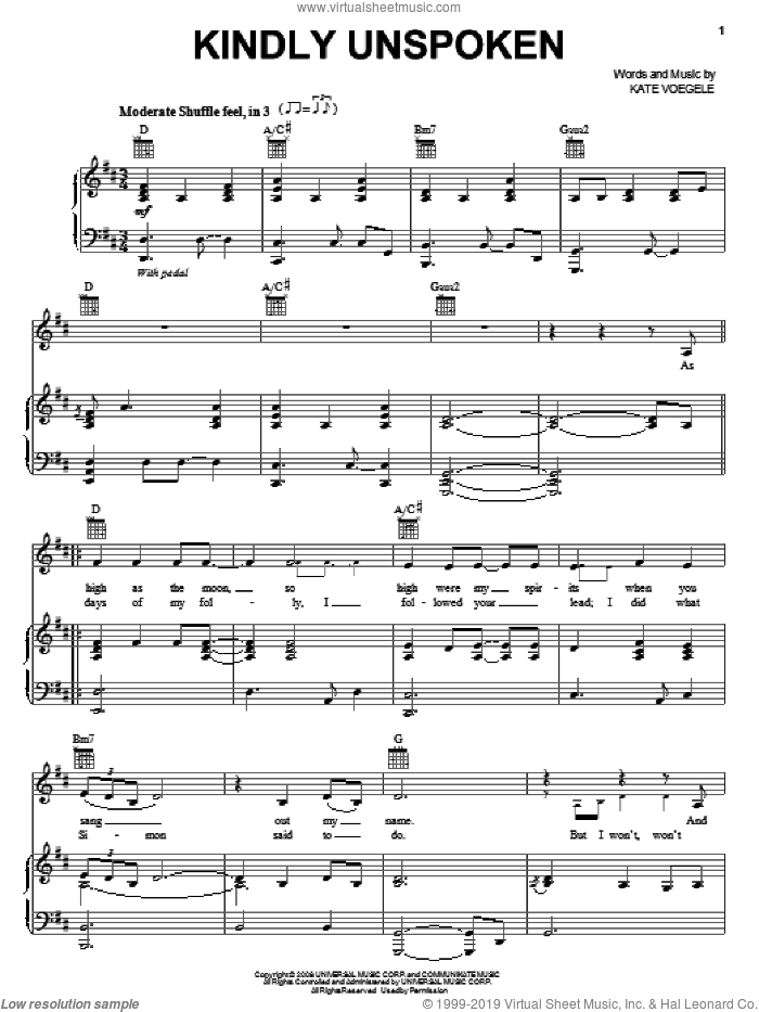 Kindly Unspoken sheet music for voice, piano or guitar by Kate Voegele, intermediate skill level