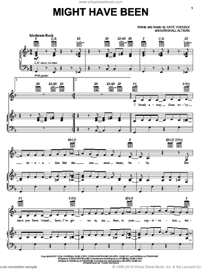 Might Have Been sheet music for voice, piano or guitar by Kate Voegele and Marshall Altman, intermediate skill level