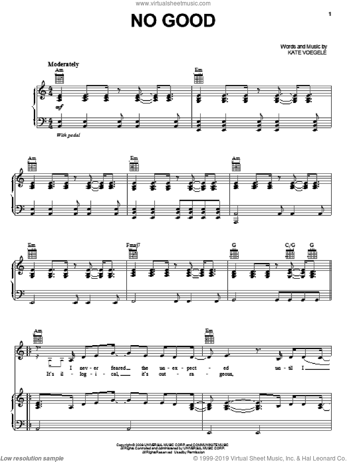 No Good sheet music for voice, piano or guitar by Kate Voegele, intermediate skill level