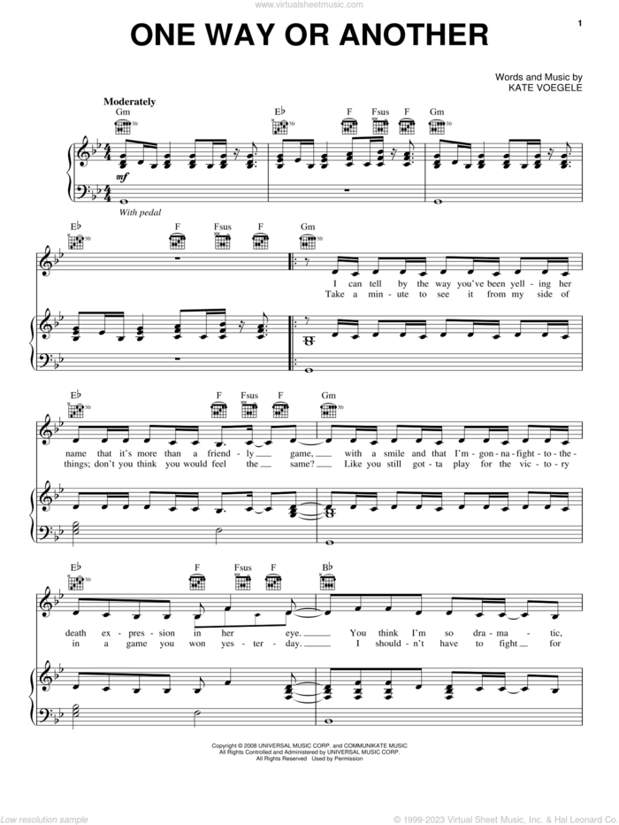 One Way Or Another sheet music for voice, piano or guitar by Kate Voegele, intermediate skill level