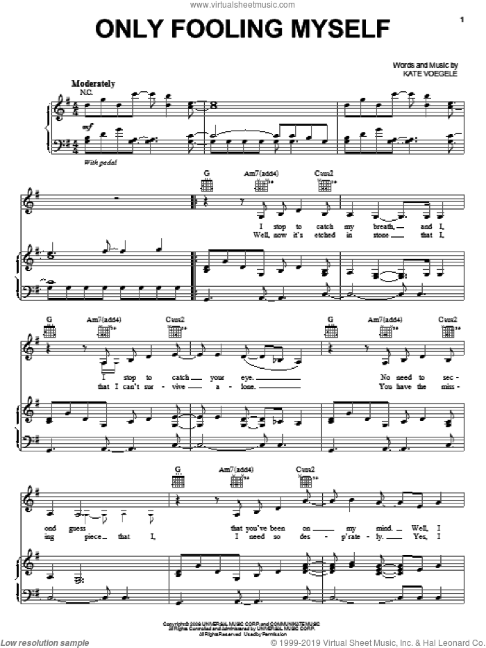 Only Fooling Myself sheet music for voice, piano or guitar by Kate Voegele, intermediate skill level
