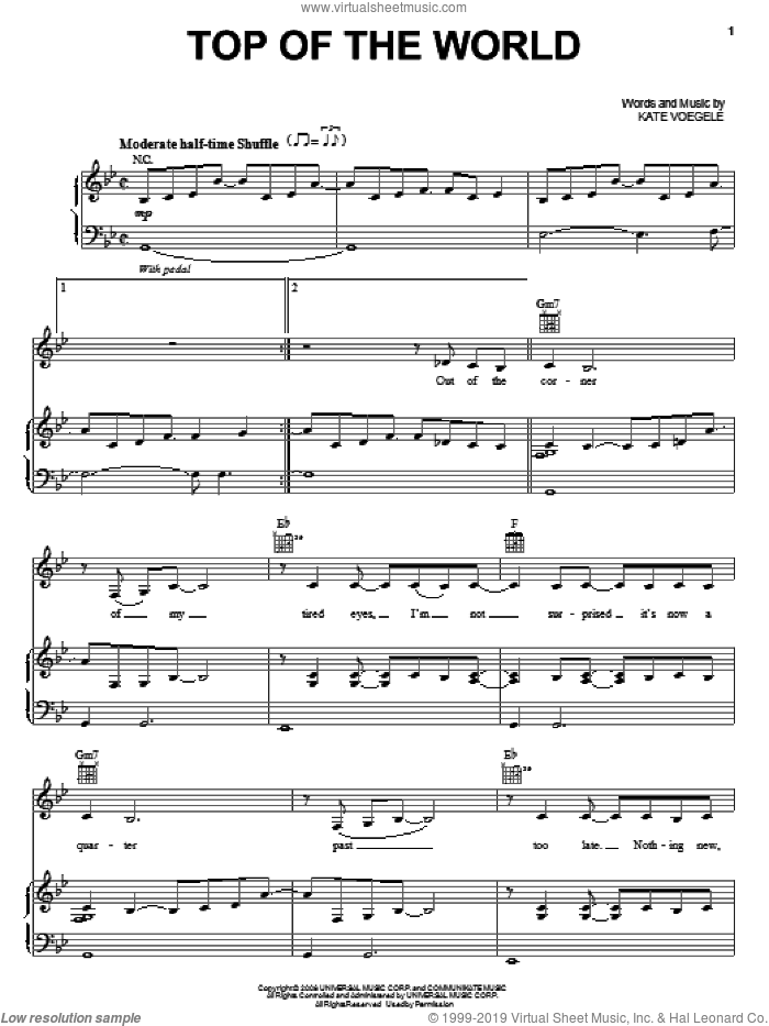Top Of The World sheet music for voice, piano or guitar by Kate Voegele, intermediate skill level
