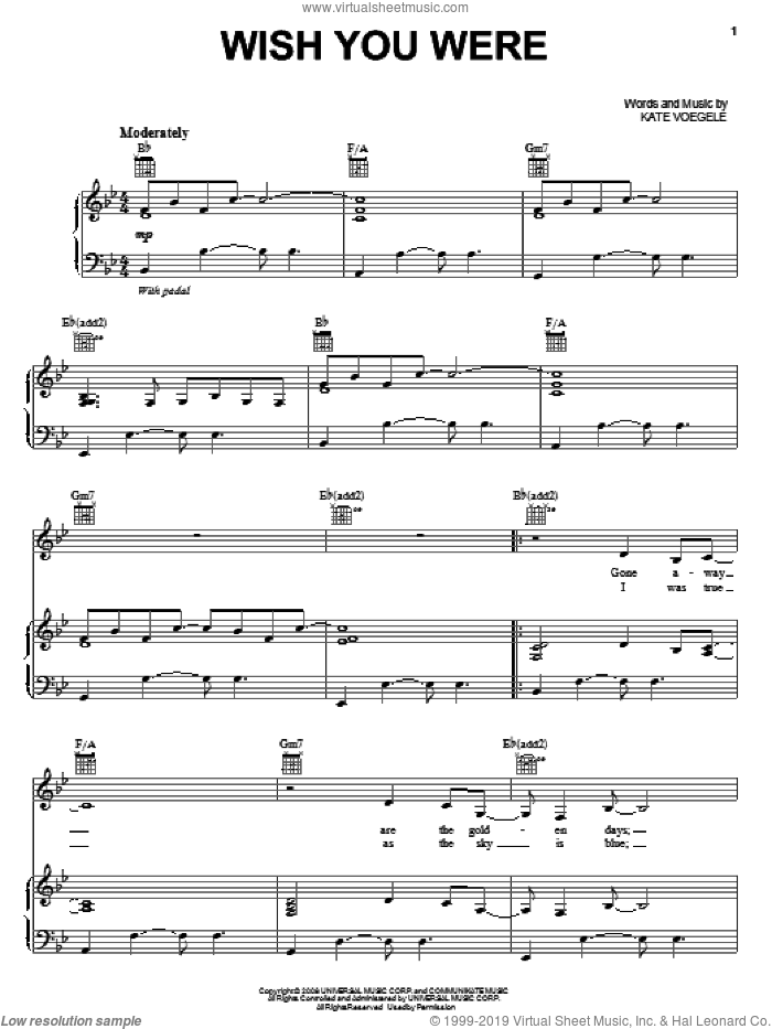 Wish You Were sheet music for voice, piano or guitar by Kate Voegele, intermediate skill level