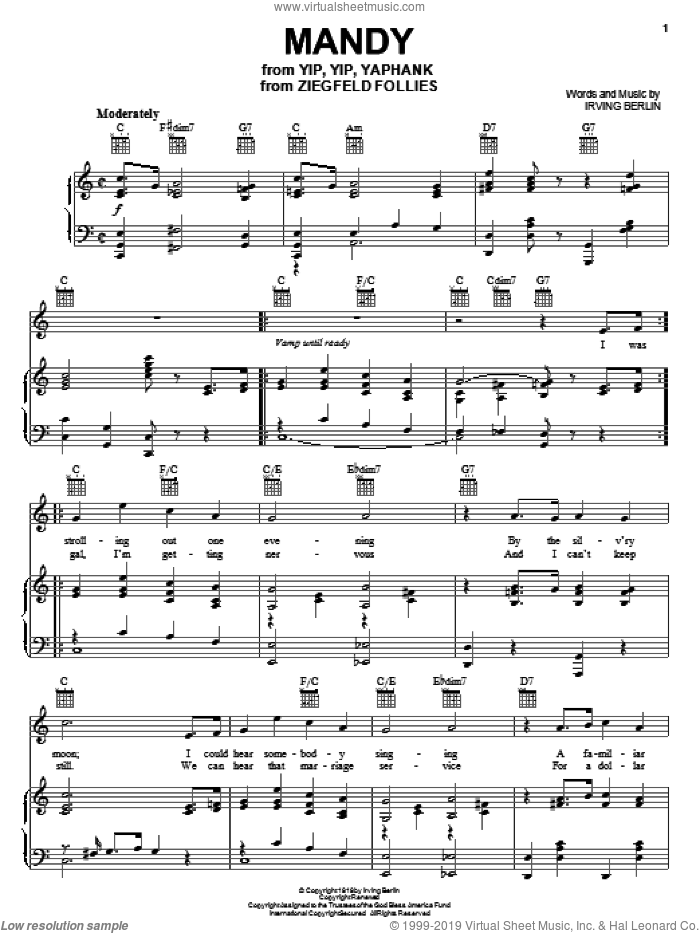 Mandy sheet music for voice, piano or guitar by Irving Berlin, intermediate skill level