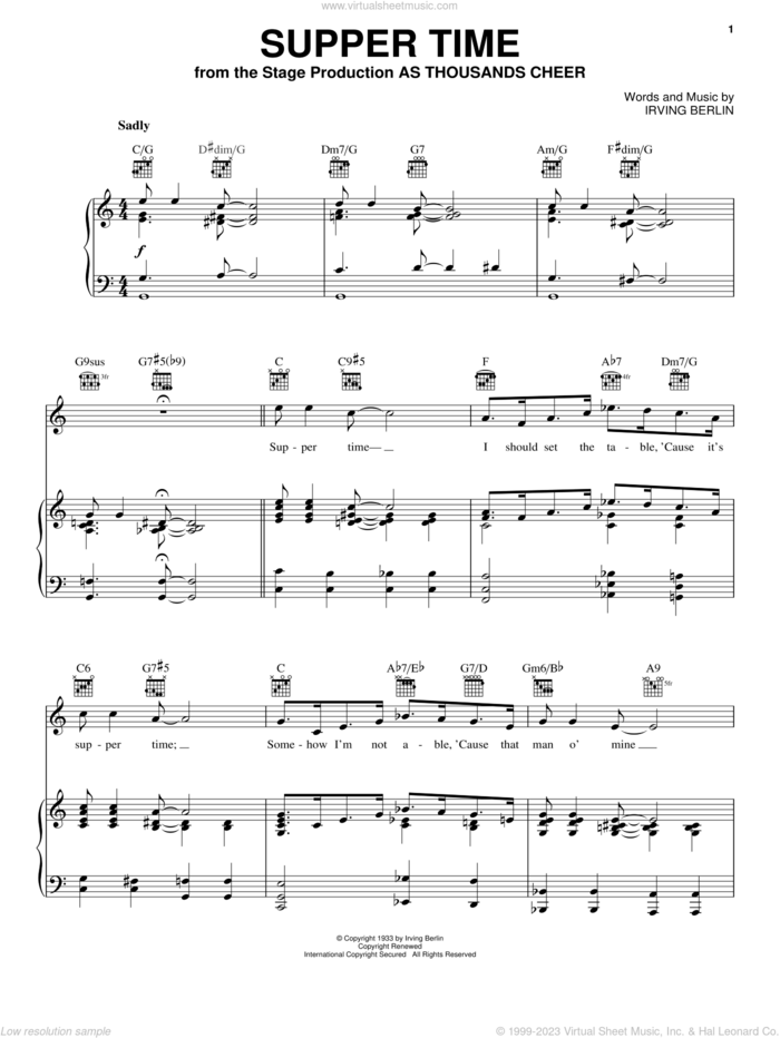Supper Time sheet music for voice, piano or guitar by Irving Berlin, intermediate skill level