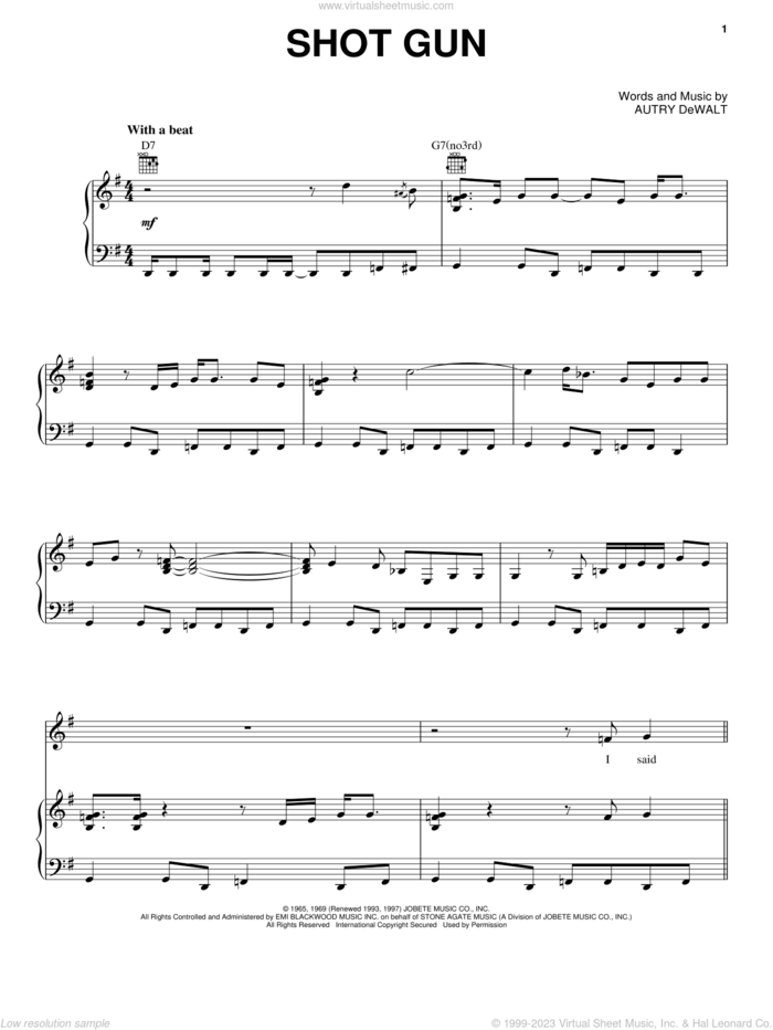 Shot Gun sheet music for voice, piano or guitar by Junior Walker & The All-Stars, Vanilla Fudge and Autry DeWalt, intermediate skill level